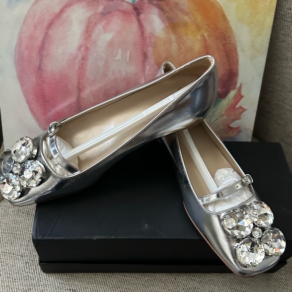 New Frances Valentine Shoes Silver Rhinestones Metallic Flats Leather Josephine - Picture 3 of 9